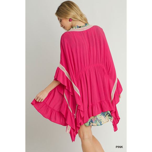 Umgee Ruffle Trim Delicate Crochet Lace Accents Loose Open Front Kimono | Pink - Picture 4 of 5